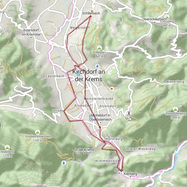 Zemljevid v pomanjšavi "Gravelska pot skozi nenavadne pokrajine blizu Schlierbacha" kolesarske inspiracije v Oberösterreich, Austria. Generirano z načrtovalcem kolesarskih poti Tarmacs.app