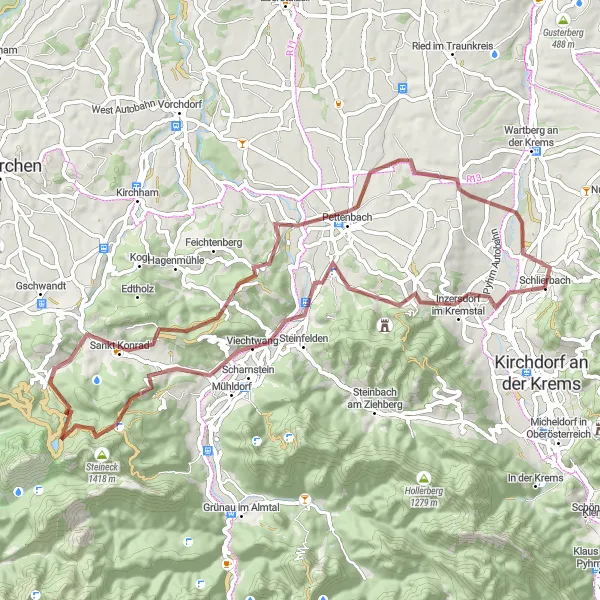 Karttaminiaatyyri "Seikkailullinen reitti Pettenbachista tuhatvuotiselle tammelle" pyöräilyinspiraatiosta alueella Oberösterreich, Austria. Luotu Tarmacs.app pyöräilyreittisuunnittelijalla