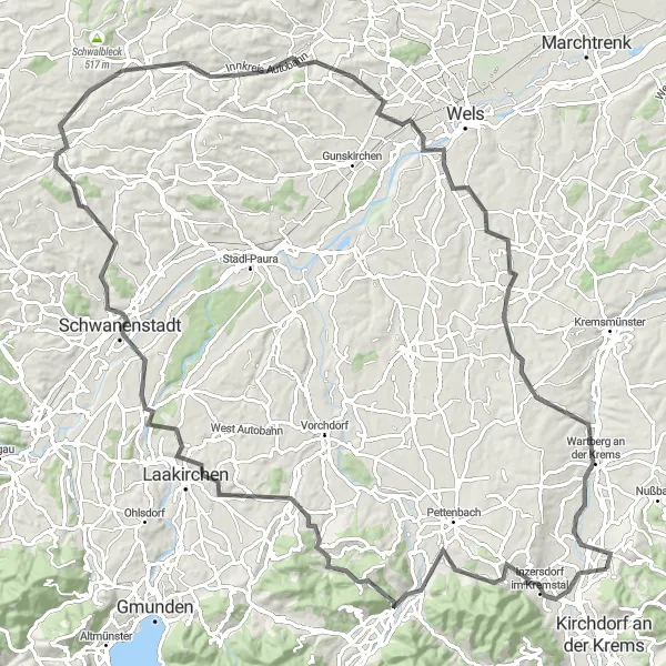 Kartminiatyr av "Historisk reise gjennom Schwanenstadt og Wartberg an der Krems" sykkelinspirasjon i Oberösterreich, Austria. Generert av Tarmacs.app sykkelrutoplanlegger