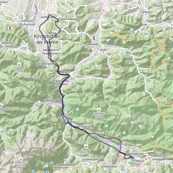 Kartminiatyr av "Över Micheldorf till Kirchdorf an der Krems Loop" cykelinspiration i Oberösterreich, Austria. Genererad av Tarmacs.app cykelruttplanerare