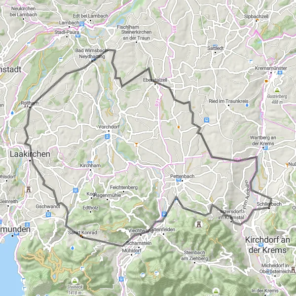 Miniatua del mapa de inspiración ciclista "Ruta de ciclismo de carretera a Steinbachbrücke Abzw Bahnhst y Schlierbach Hofern" en Oberösterreich, Austria. Generado por Tarmacs.app planificador de rutas ciclistas