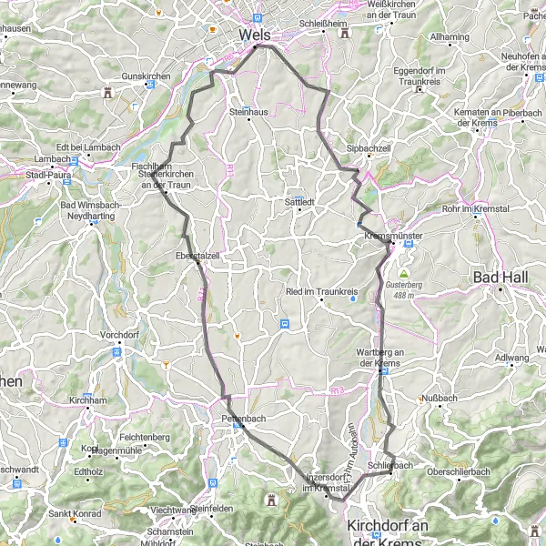 Zemljevid v pomanjšavi "Pisana kolesarska pot po širnih poljih" kolesarske inspiracije v Oberösterreich, Austria. Generirano z načrtovalcem kolesarskih poti Tarmacs.app