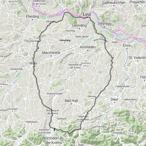 Miniatua del mapa de inspiración ciclista "Aventura ciclista hasta Steinbach an der Steyr" en Oberösterreich, Austria. Generado por Tarmacs.app planificador de rutas ciclistas