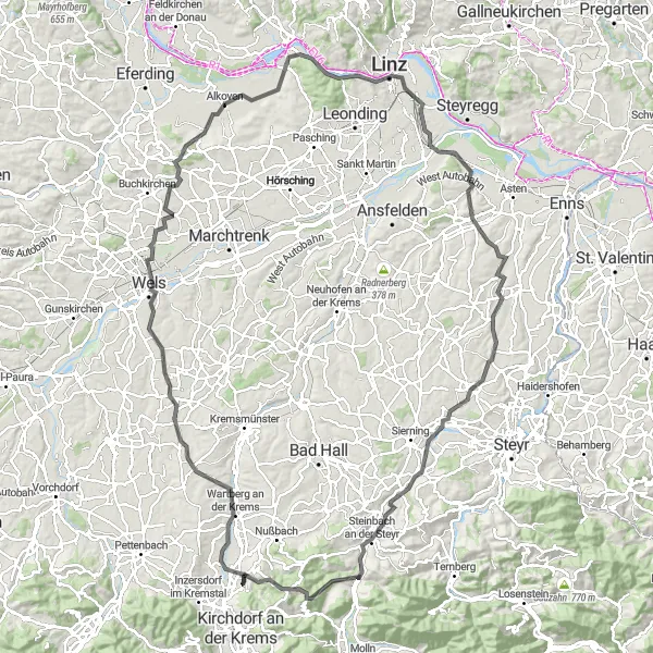 Miniature de la carte de l'inspiration cycliste "Le tour des hautes collines" dans la Oberösterreich, Austria. Générée par le planificateur d'itinéraire cycliste Tarmacs.app