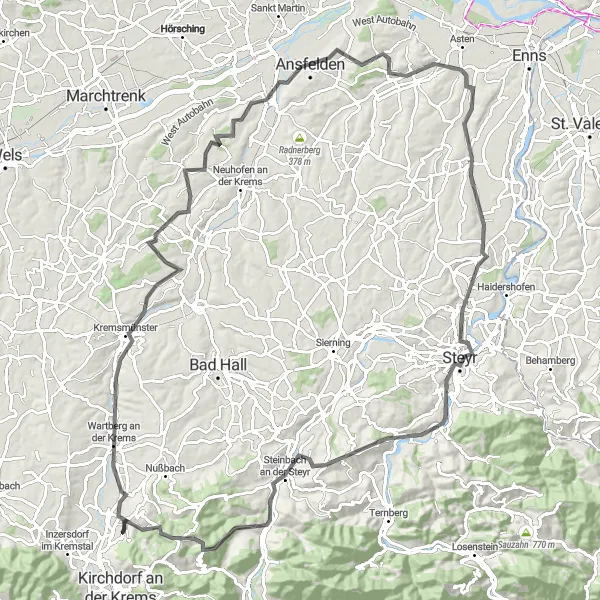 Mapa miniatúra "Okružná cesta plná zážitkov" cyklistická inšpirácia v Oberösterreich, Austria. Vygenerované cyklistickým plánovačom trás Tarmacs.app