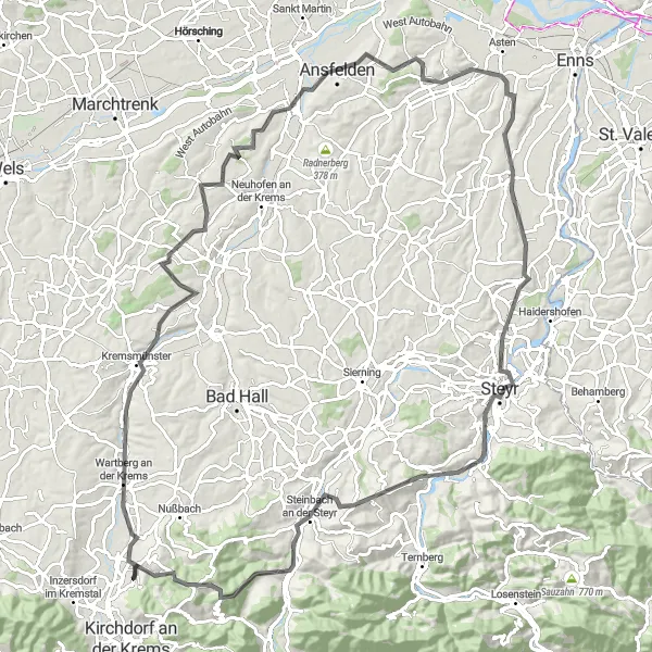 Karttaminiaatyyri "Tutustu Wartberg an der Kremsin ja Steyrin maisemiin" pyöräilyinspiraatiosta alueella Oberösterreich, Austria. Luotu Tarmacs.app pyöräilyreittisuunnittelijalla