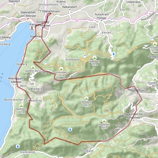 Miniatua del mapa de inspiración ciclista "Ruta de ciclismo de grava alrededor del Lago Attersee" en Oberösterreich, Austria. Generado por Tarmacs.app planificador de rutas ciclistas