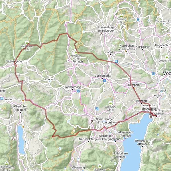Map miniature of "Gravel Adventure around Attersee" cycling inspiration in Oberösterreich, Austria. Generated by Tarmacs.app cycling route planner