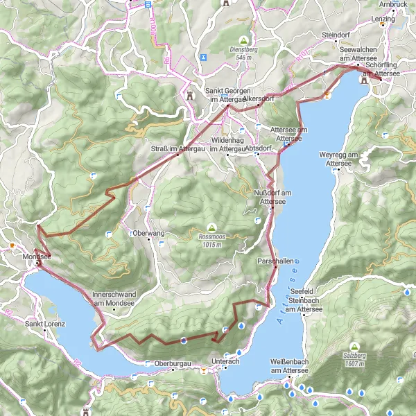 Miniatua del mapa de inspiración ciclista "Ruta por Attersee y Mondsee" en Oberösterreich, Austria. Generado por Tarmacs.app planificador de rutas ciclistas