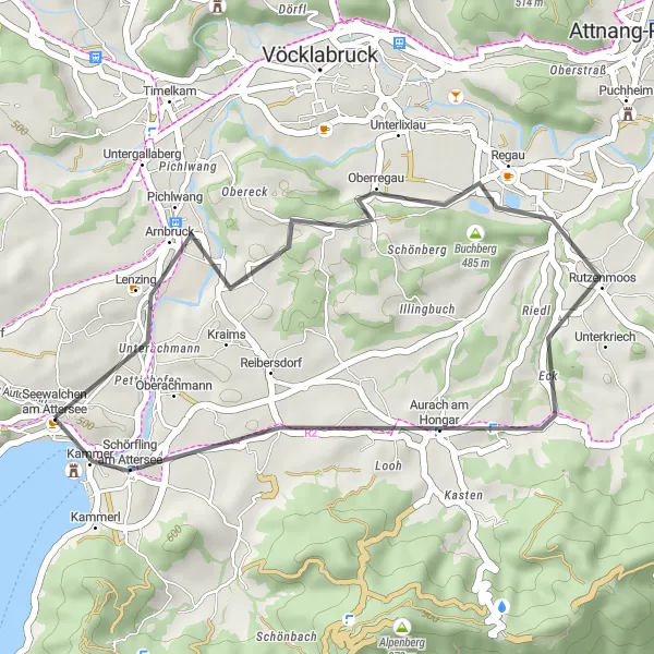 Miniature de la carte de l'inspiration cycliste "Escapade à travers les collines de Regau" dans la Oberösterreich, Austria. Générée par le planificateur d'itinéraire cycliste Tarmacs.app