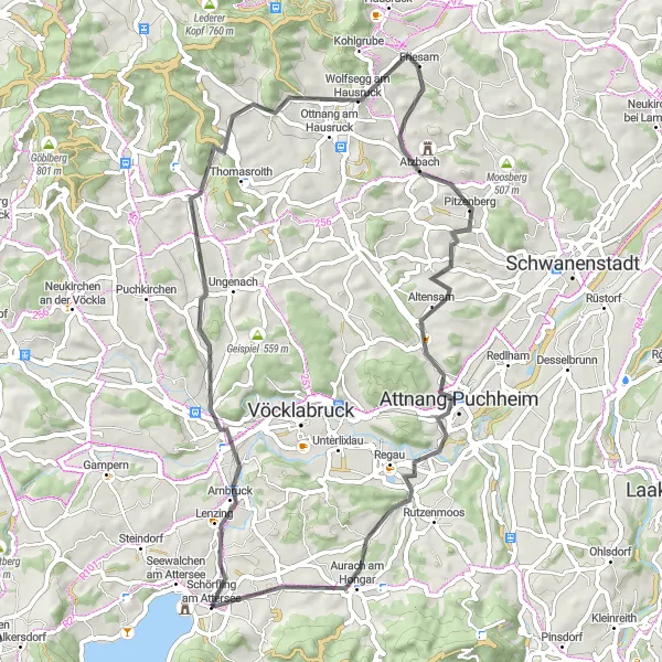 Mapa miniatúra "Zelené cesty Wolfsegg am Hausruck" cyklistická inšpirácia v Oberösterreich, Austria. Vygenerované cyklistickým plánovačom trás Tarmacs.app