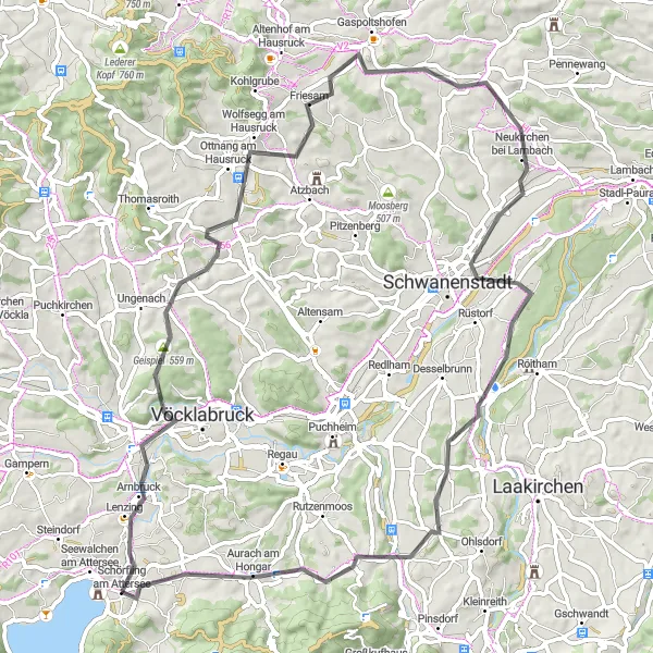 Miniatura della mappa di ispirazione al ciclismo "Ciclostrada lungo la natura" nella regione di Oberösterreich, Austria. Generata da Tarmacs.app, pianificatore di rotte ciclistiche