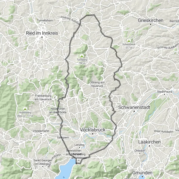 Miniaturekort af cykelinspirationen "Udfordrende landevejscykelrute med smukke højdepunkter nær Schörfling am Attersee" i Oberösterreich, Austria. Genereret af Tarmacs.app cykelruteplanlægger