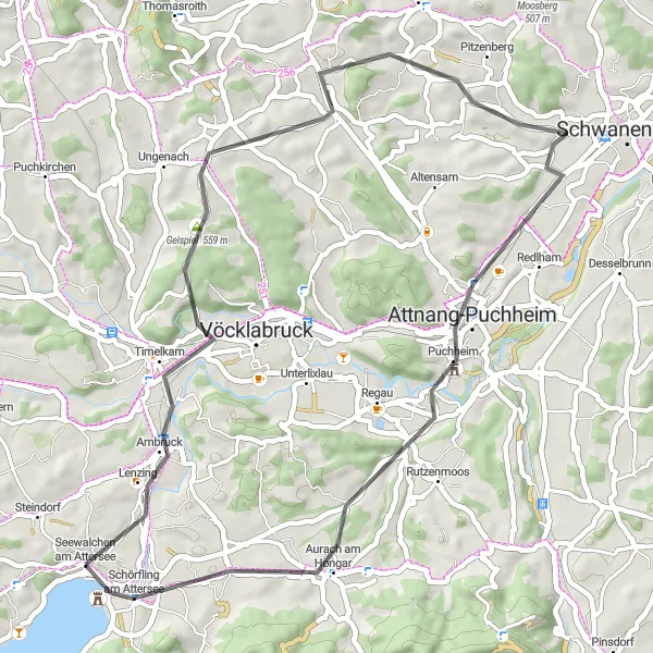 Miniatura della mappa di ispirazione al ciclismo "Tour culturale e naturalistico" nella regione di Oberösterreich, Austria. Generata da Tarmacs.app, pianificatore di rotte ciclistiche