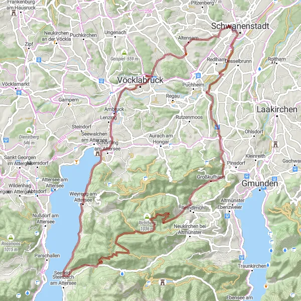 Miniature de la carte de l'inspiration cycliste "Parcours à travers la nature sauvage" dans la Oberösterreich, Austria. Générée par le planificateur d'itinéraire cycliste Tarmacs.app