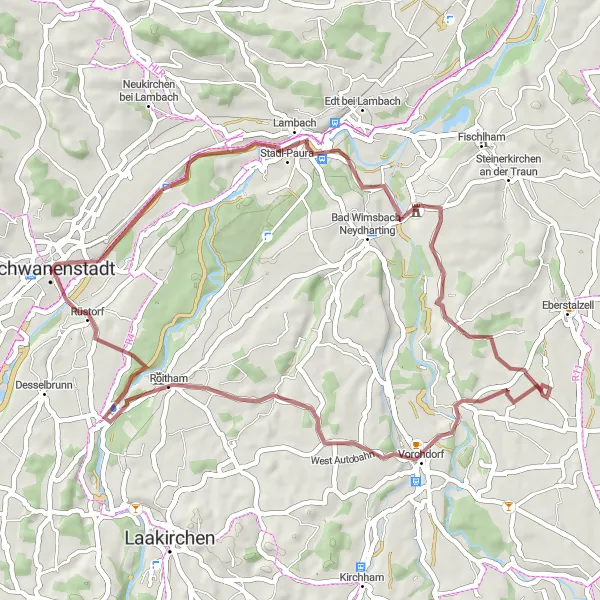 Zemljevid v pomanjšavi "Gravel Pot do Stift Lambach" kolesarske inspiracije v Oberösterreich, Austria. Generirano z načrtovalcem kolesarskih poti Tarmacs.app