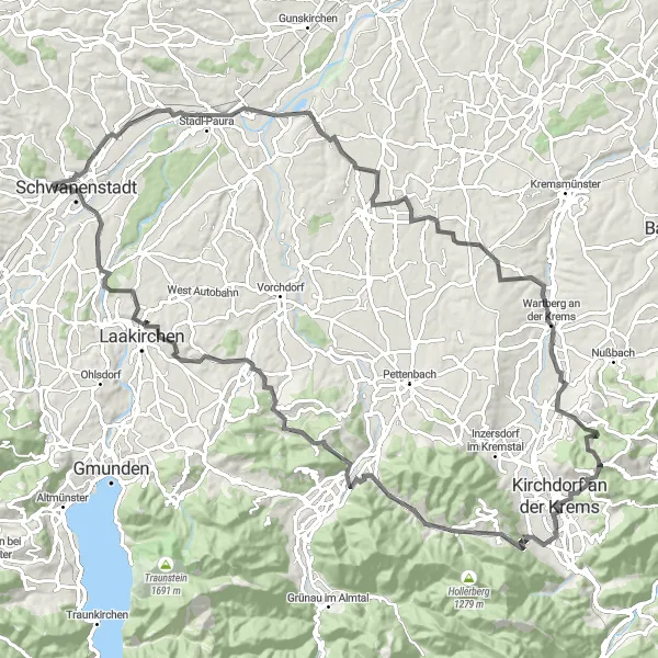 Kartminiatyr av "Kulturhistorie og vakre landskap" sykkelinspirasjon i Oberösterreich, Austria. Generert av Tarmacs.app sykkelrutoplanlegger