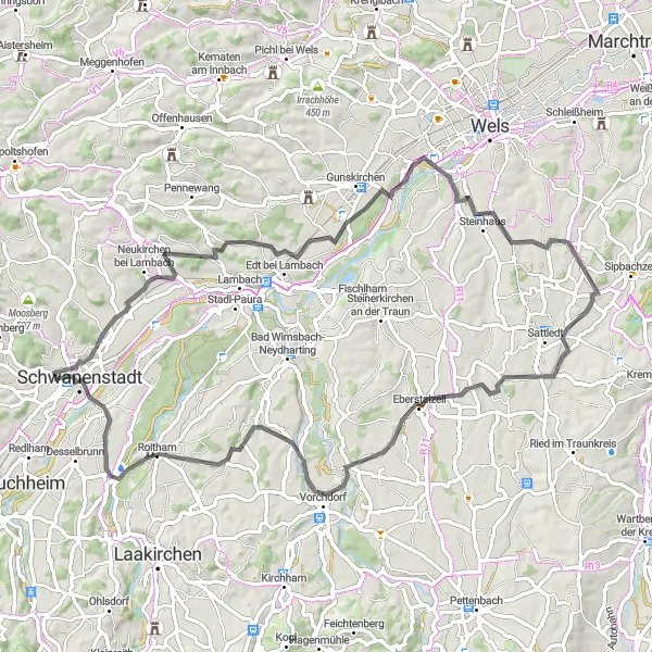 Map miniature of "The Lambach Countryside Road Loop" cycling inspiration in Oberösterreich, Austria. Generated by Tarmacs.app cycling route planner