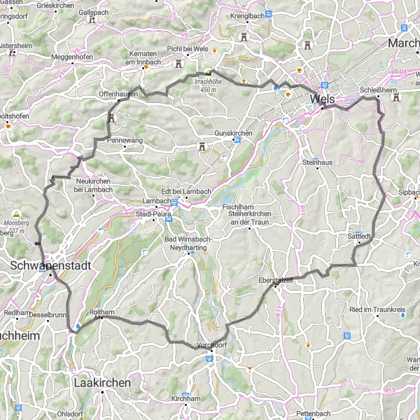 Miniatura della mappa di ispirazione al ciclismo "Esplorazione delle colline circostanti Schwanenstadt" nella regione di Oberösterreich, Austria. Generata da Tarmacs.app, pianificatore di rotte ciclistiche