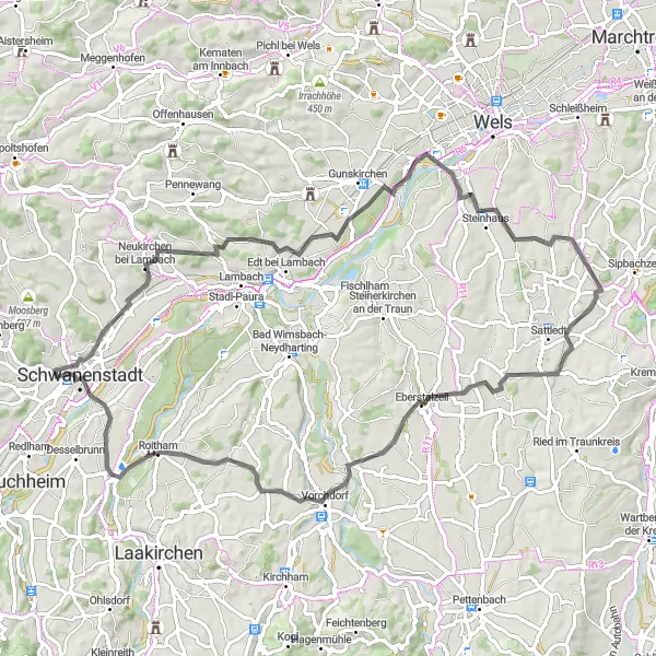 Karttaminiaatyyri "Maantiekiertue Neukirchen bei Lambachista Schwanenstadtiin" pyöräilyinspiraatiosta alueella Oberösterreich, Austria. Luotu Tarmacs.app pyöräilyreittisuunnittelijalla