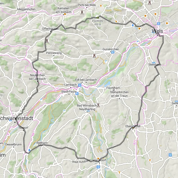 Miniatura della mappa di ispirazione al ciclismo "Esplorazione delle colline intorno a Schwanenstadt" nella regione di Oberösterreich, Austria. Generata da Tarmacs.app, pianificatore di rotte ciclistiche