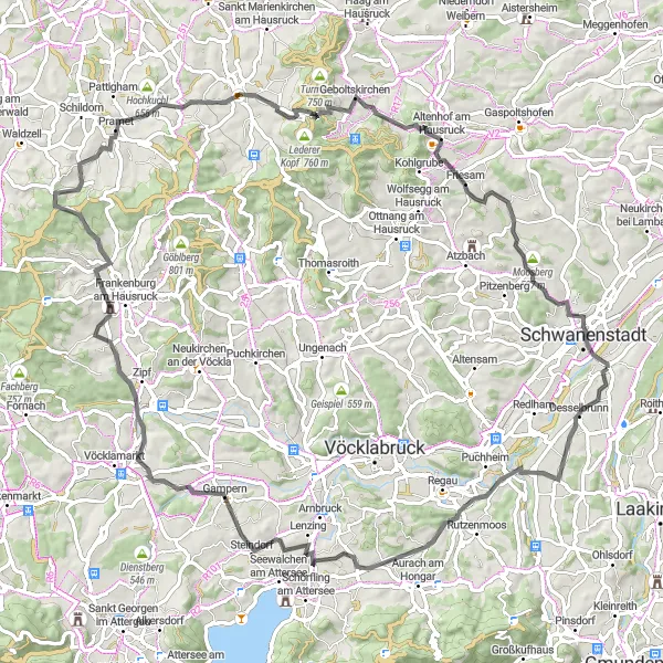 Miniaturekort af cykelinspirationen "Rundtur til Rüstorf og Moosberg" i Oberösterreich, Austria. Genereret af Tarmacs.app cykelruteplanlægger
