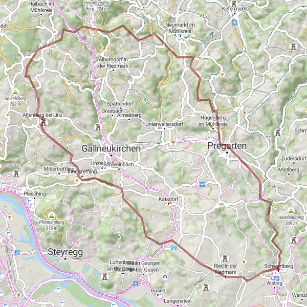 Kartminiatyr av "Schwertberg til Pregarten" sykkelinspirasjon i Oberösterreich, Austria. Generert av Tarmacs.app sykkelrutoplanlegger