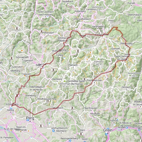 Kartminiatyr av "Utforsk Bakker og Dale på Grusvei" sykkelinspirasjon i Oberösterreich, Austria. Generert av Tarmacs.app sykkelrutoplanlegger