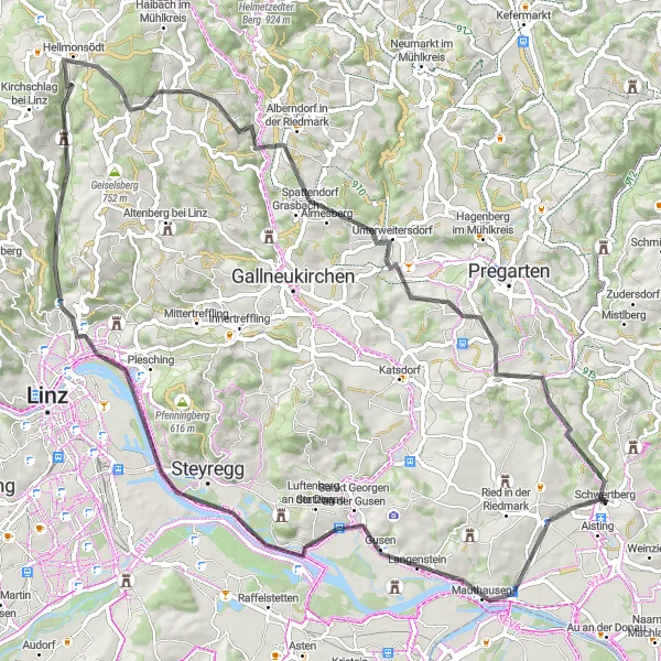 Zemljevid v pomanjšavi "Kolesarska pot Mauthausen - Unterweitersdorf" kolesarske inspiracije v Oberösterreich, Austria. Generirano z načrtovalcem kolesarskih poti Tarmacs.app