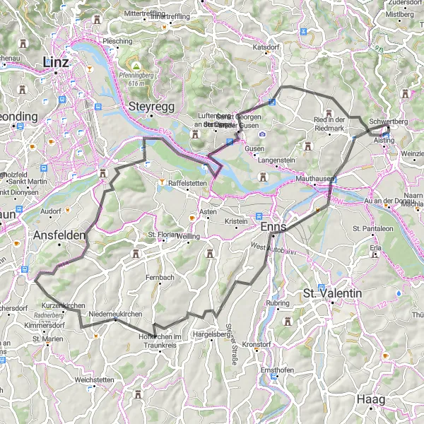 Miniature de la carte de l'inspiration cycliste "Boucle Historique d'Oberösterreich" dans la Oberösterreich, Austria. Générée par le planificateur d'itinéraire cycliste Tarmacs.app