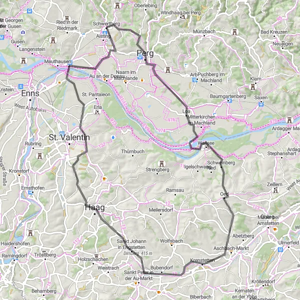 Miniature de la carte de l'inspiration cycliste "Escapade à Perg" dans la Oberösterreich, Austria. Générée par le planificateur d'itinéraire cycliste Tarmacs.app