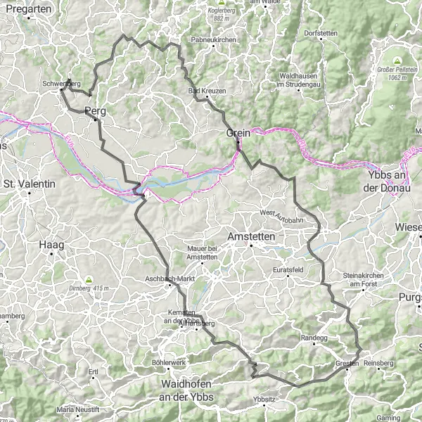 Miniatuurkaart van de fietsinspiratie "Epische roadtrip door Grein en Gresten" in Oberösterreich, Austria. Gemaakt door de Tarmacs.app fietsrouteplanner