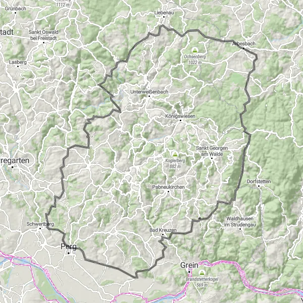 Miniatua del mapa de inspiración ciclista "Ruta de Carretera Tragwein - Perg" en Oberösterreich, Austria. Generado por Tarmacs.app planificador de rutas ciclistas