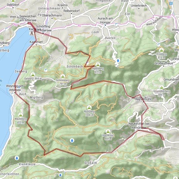 Miniatura della mappa di ispirazione al ciclismo "Esplorazione Gravel del Lago di Attersee" nella regione di Oberösterreich, Austria. Generata da Tarmacs.app, pianificatore di rotte ciclistiche