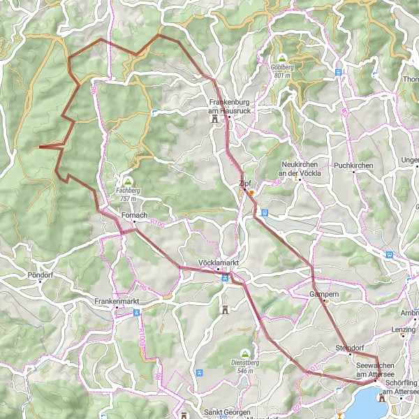 Miniatua del mapa de inspiración ciclista "Ruta de gravilla entre bosques y montañas" en Oberösterreich, Austria. Generado por Tarmacs.app planificador de rutas ciclistas