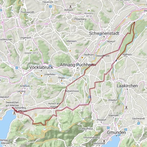Zemljevid v pomanjšavi "Raziskovanje področja Atterseeja" kolesarske inspiracije v Oberösterreich, Austria. Generirano z načrtovalcem kolesarskih poti Tarmacs.app