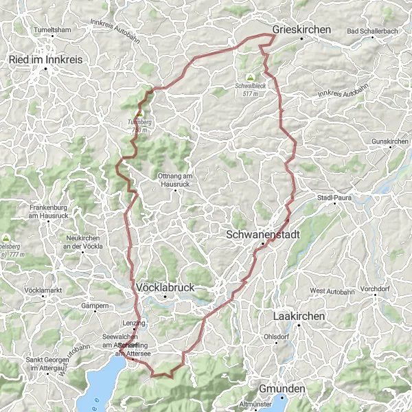 Map miniature of "Seewalchen to Smaragd Wanderweg and Trattberg" cycling inspiration in Oberösterreich, Austria. Generated by Tarmacs.app cycling route planner