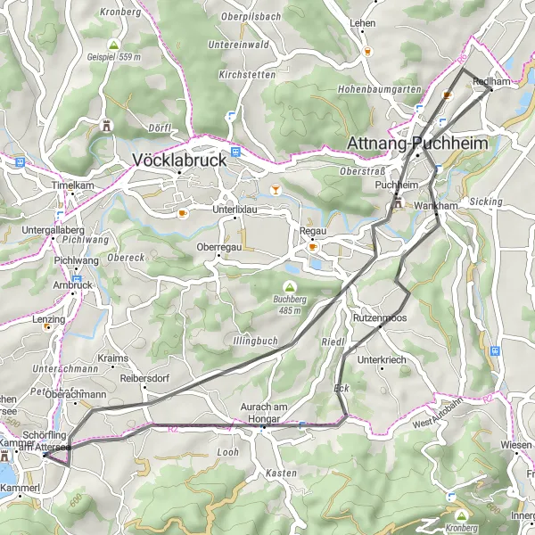 Kartminiatyr av "Rundtur til Redlham og Sulzberg" sykkelinspirasjon i Oberösterreich, Austria. Generert av Tarmacs.app sykkelrutoplanlegger