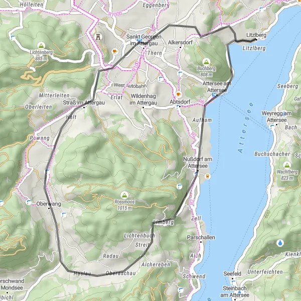 Map miniature of "Along the Shores of Lake Attersee" cycling inspiration in Oberösterreich, Austria. Generated by Tarmacs.app cycling route planner