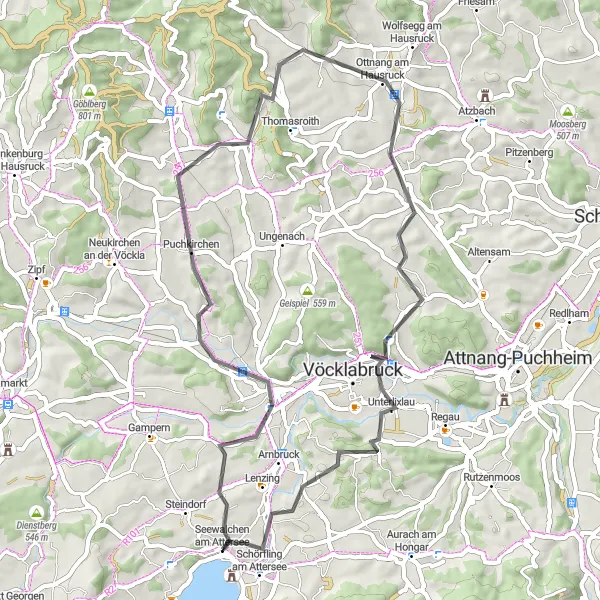 Miniaturní mapa "Cyklotrasa od Timelkamu na západ" inspirace pro cyklisty v oblasti Oberösterreich, Austria. Vytvořeno pomocí plánovače tras Tarmacs.app