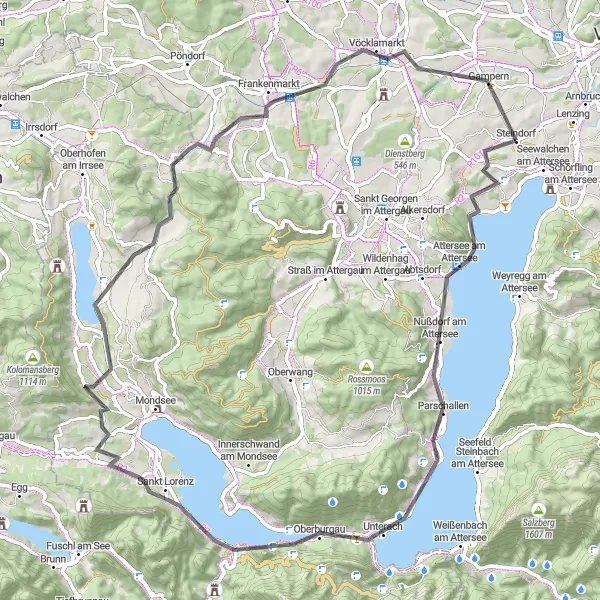 Kartminiatyr av "Oppdag Attersee-regionen" sykkelinspirasjon i Oberösterreich, Austria. Generert av Tarmacs.app sykkelrutoplanlegger
