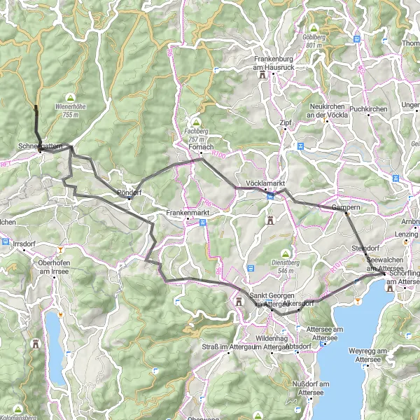 Karttaminiaatyyri "Ylä-Itävallan järvinäkymiä" pyöräilyinspiraatiosta alueella Oberösterreich, Austria. Luotu Tarmacs.app pyöräilyreittisuunnittelijalla