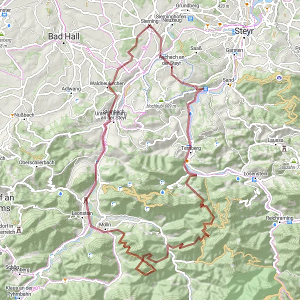 Zemljevid v pomanjšavi "Gravel avantura - Gorati tereni ob reki Steyr" kolesarske inspiracije v Oberösterreich, Austria. Generirano z načrtovalcem kolesarskih poti Tarmacs.app