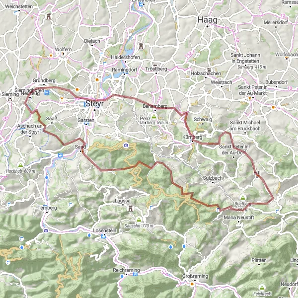 Karttaminiaatyyri "Maastoajelu Taborin kautta" pyöräilyinspiraatiosta alueella Oberösterreich, Austria. Luotu Tarmacs.app pyöräilyreittisuunnittelijalla