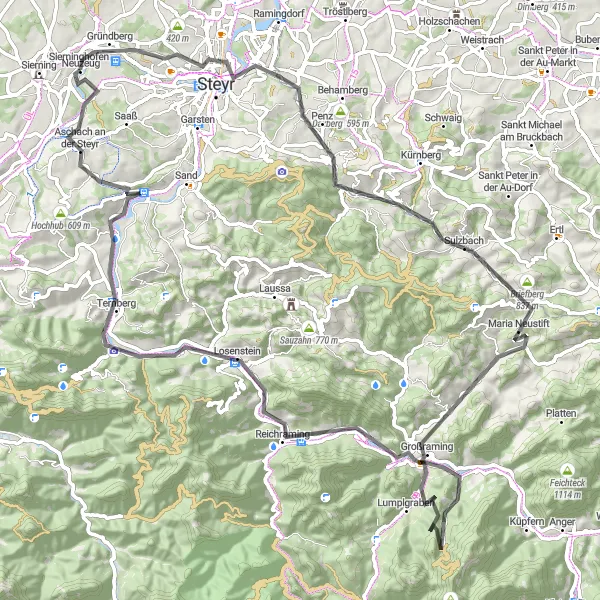 Karten-Miniaturansicht der Radinspiration "Radtour nach Großbergerkogel und Aschach an der Steyr" in Oberösterreich, Austria. Erstellt vom Tarmacs.app-Routenplaner für Radtouren