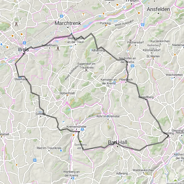 Karttaminiaatyyri "Sierning - Schiedlberg - Sierning" pyöräilyinspiraatiosta alueella Oberösterreich, Austria. Luotu Tarmacs.app pyöräilyreittisuunnittelijalla