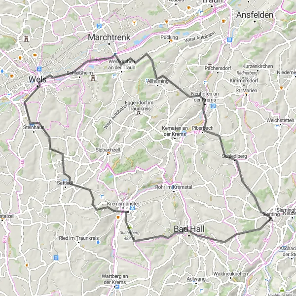 Miniatua del mapa de inspiración ciclista "Ruta de ciclismo de carretera Bad Hall a Schiedlberg" en Oberösterreich, Austria. Generado por Tarmacs.app planificador de rutas ciclistas