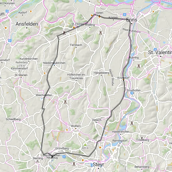 Zemljevid v pomanjšavi "Odkrivanje skritih kotičkov" kolesarske inspiracije v Oberösterreich, Austria. Generirano z načrtovalcem kolesarskih poti Tarmacs.app