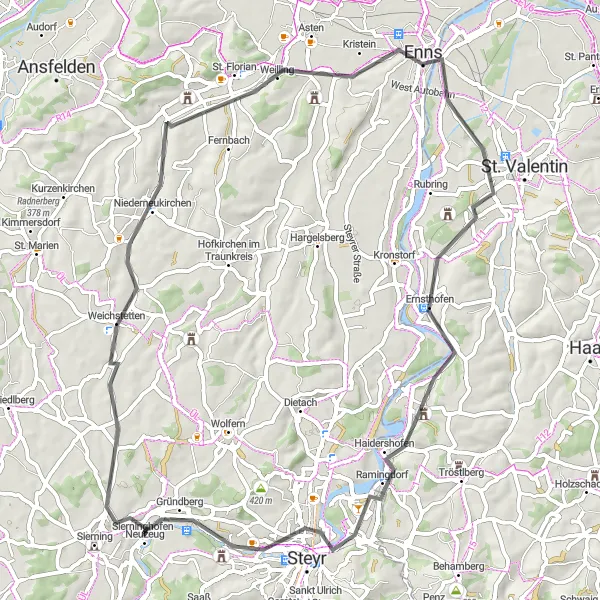 Miniatura della mappa di ispirazione al ciclismo "Road Tour through Upper Austria" nella regione di Oberösterreich, Austria. Generata da Tarmacs.app, pianificatore di rotte ciclistiche