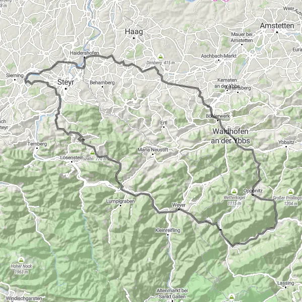 Miniaturní mapa "Sierning - Haidershofen - Weistrach - Burnerhöhe - Rothschildschloss - Geißberg - Dörrkogel - Hollenstein an der Ybbs - Schafkogel - Großraming - Sauzahn - Laussa - Garsten - Letten" inspirace pro cyklisty v oblasti Oberösterreich, Austria. Vytvořeno pomocí plánovače tras Tarmacs.app